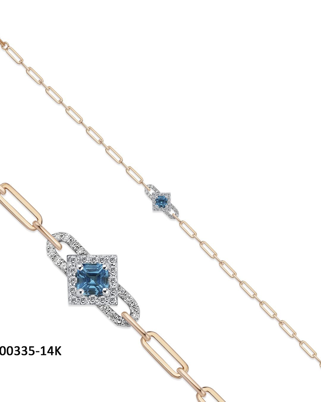 BL0000335_final 14K İki Renkli Altın Topaz Bileklik – Paperclip Zincirli, Kare Halo Detaylı - Görsel 1