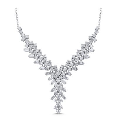 Yuvarlak ve Baget Kesim Pırlanta Y Model Sıralı Desenli Kolye – 14 Ayar Beyaz Altın