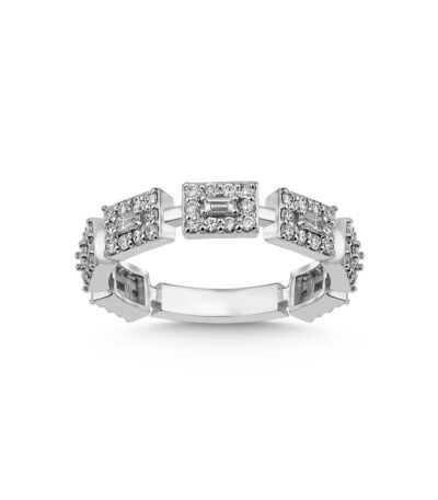 Baget ve Yuvarlak Kesim Pırlanta Dikdörtgen Modüllü Yüzük – 14 Ayar Beyaz Altın