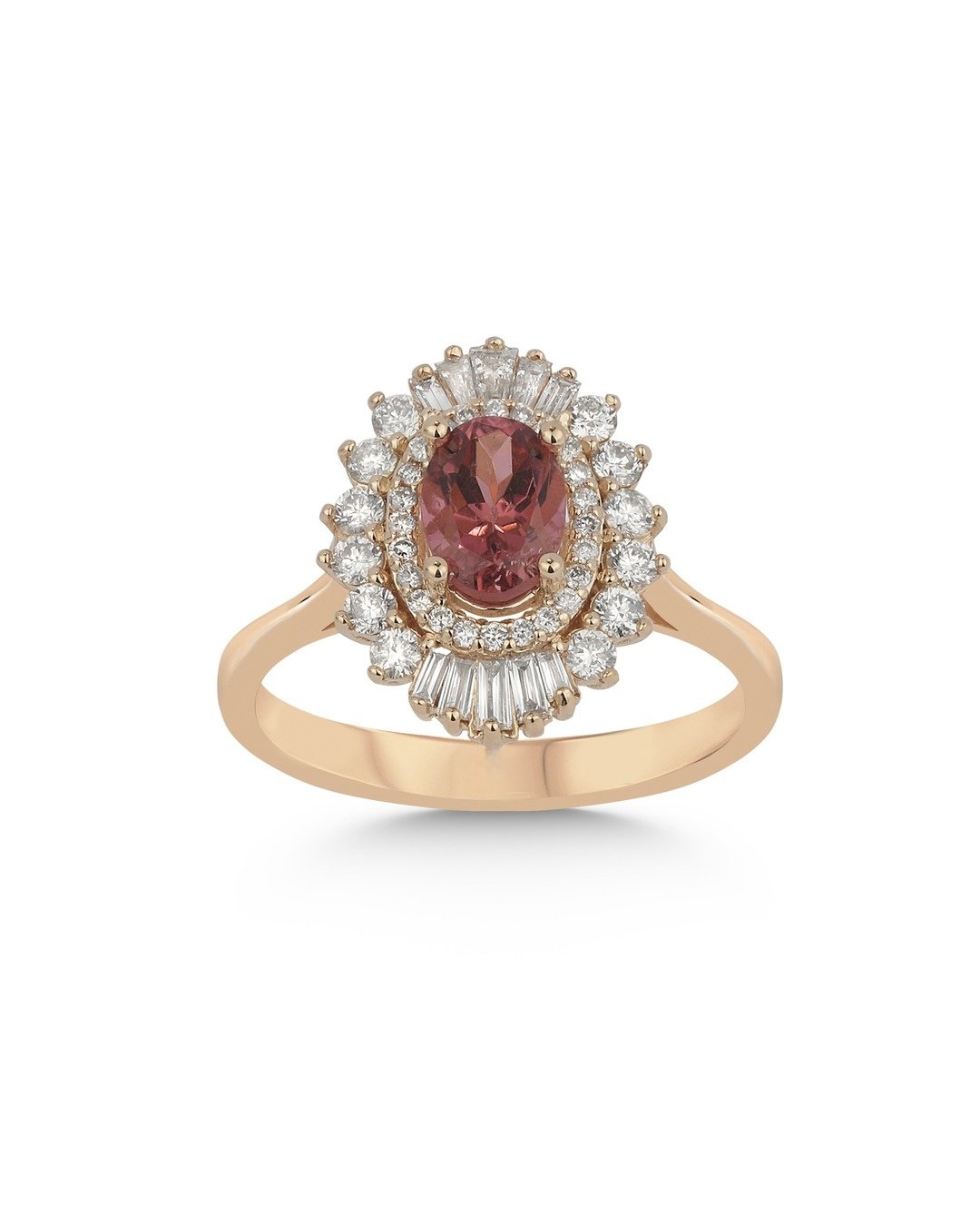 Oval Pembe Taşlı Yuvarlak ve Baget Kesim Pırlanta Çift Halo Desenli Yüzük – 14 Ayar Rose Altın Oval Pembe Taşlı Yuvarlak ve Baget Kesim Pırlanta Çift Halo Desenli Yüzük – 14 Ayar Rose Altın