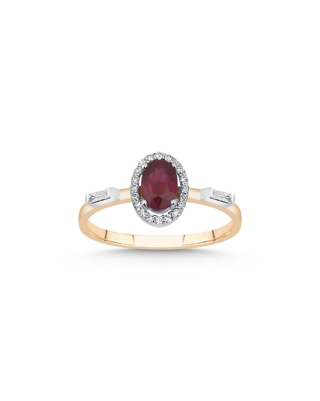 Oval Kırmızı Taşlı Yuvarlak ve Baget Kesim Pırlanta Halo Desenli Yüzük – 14 Ayar Rose Altın Oval Kırmızı Taşlı Yuvarlak ve Baget Kesim Pırlanta Halo Desenli Yüzük – 14 Ayar Rose Altın
