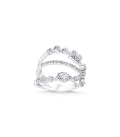 Yuvarlak, Armut ve Baget Kesim Pırlanta Üç Sıra Desenli Yüzük – 14 Ayar Beyaz Altın