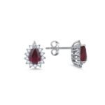 Armut Kesim Kırmızı Taşlı Yuvarlak Kesim Pırlanta Çiçek Motifli Küpe – 14 Ayar Beyaz Altın