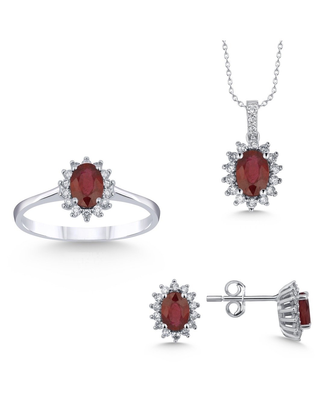 Oval Kesim Kırmızı Taşlı ve Yuvarlak Kesim Pırlanta Çiçek Desenli Yüzük, Kolye ve Küpe Seti – 14 Ayar Beyaz Altın Oval Kesim Kırmızı Taşlı ve Yuvarlak Kesim Pırlanta Çiçek Desenli Yüzük, Kolye ve Küpe Seti – 14 Ayar Beyaz Altın