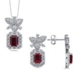 Zümrüt Kesim Kırmızı Taşlı ve Yuvarlak, Armut, Marki Kesim Pırlanta Kelebek Desenli Kolye ve Küpe Seti – 14 Ayar Beyaz Altın
