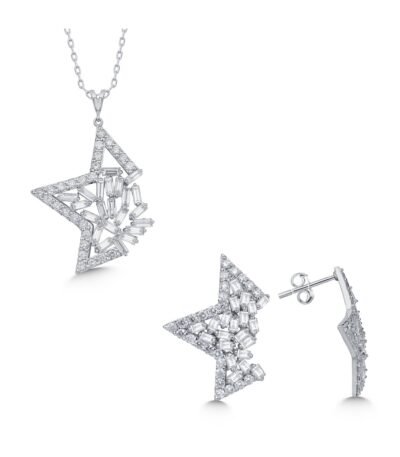 Yuvarlak ve Baget Kesim Pırlanta Yıldız Desenli Kolye ve Küpe Seti – 14 Ayar Beyaz Altın