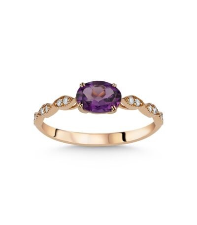 Oval Kesim Mor Taşlı ve Yuvarlak Kesim Pırlantalı Marki Motifli Yüzük – 14 Ayar Rose Altın