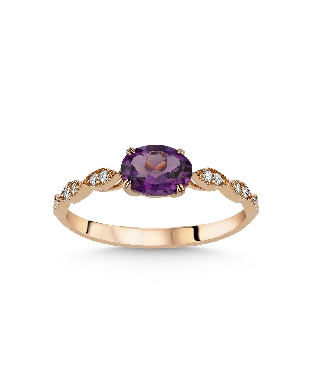 Oval Kesim Mor Taşlı ve Yuvarlak Kesim Pırlantalı Marki Motifli Yüzük – 14 Ayar Rose Altın Oval Kesim Mor Taşlı ve Yuvarlak Kesim Pırlantalı Marki Motifli Yüzük – 14 Ayar Rose Altın