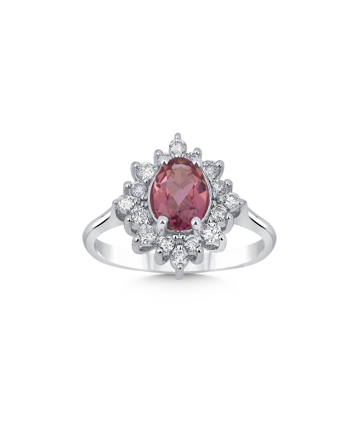 Oval Kesim Pembe Taşlı ve Yuvarlak Kesim Pırlanta Armut Formlu Halo Yüzük – 14 Ayar Beyaz Altın Oval Kesim Pembe Taşlı ve Yuvarlak Kesim Pırlanta Armut Formlu Halo Yüzük – 14 Ayar Beyaz Altın
