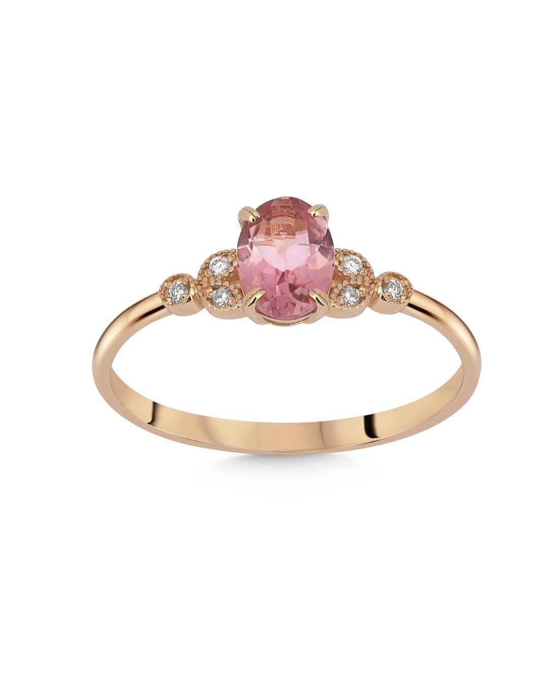 Oval Kesim Pembe Taşlı ve Yuvarlak Kesim Pırlanta Detaylı Yüzük – 14 Ayar Rose Altın Oval Kesim Pembe Taşlı ve Yuvarlak Kesim Pırlanta Detaylı Yüzük – 14 Ayar Rose Altın