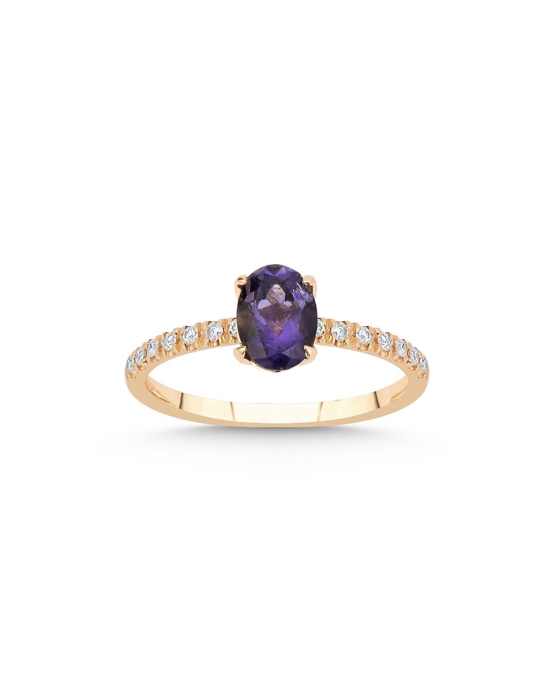 Oval Kesim Mor Taşlı ve Yuvarlak Kesim Pırlantalı Tek Taş Yüzük – 14 Ayar Rose Altın Oval Kesim Mor Taşlı ve Yuvarlak Kesim Pırlantalı Tek Taş Yüzük – 14 Ayar Rose Altın