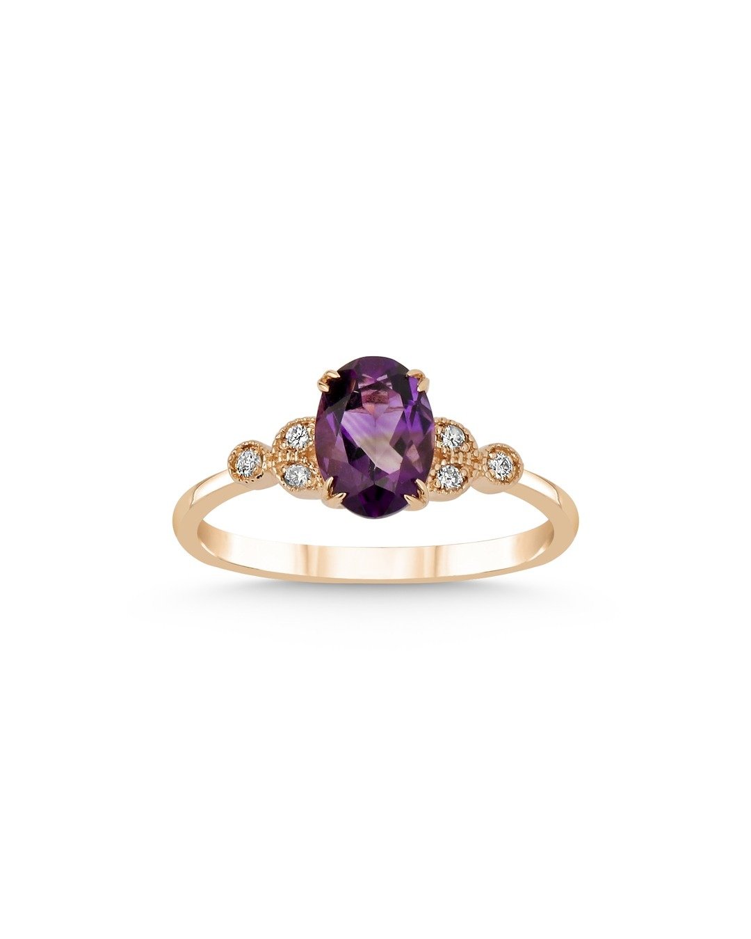 Oval Kesim Mor Taşlı ve Yuvarlak Kesim Pırlantalı Tek Taş Yüzük – 14 Ayar Rose Altın Oval Kesim Mor Taşlı ve Yuvarlak Kesim Pırlantalı Tek Taş Yüzük – 14 Ayar Rose Altın