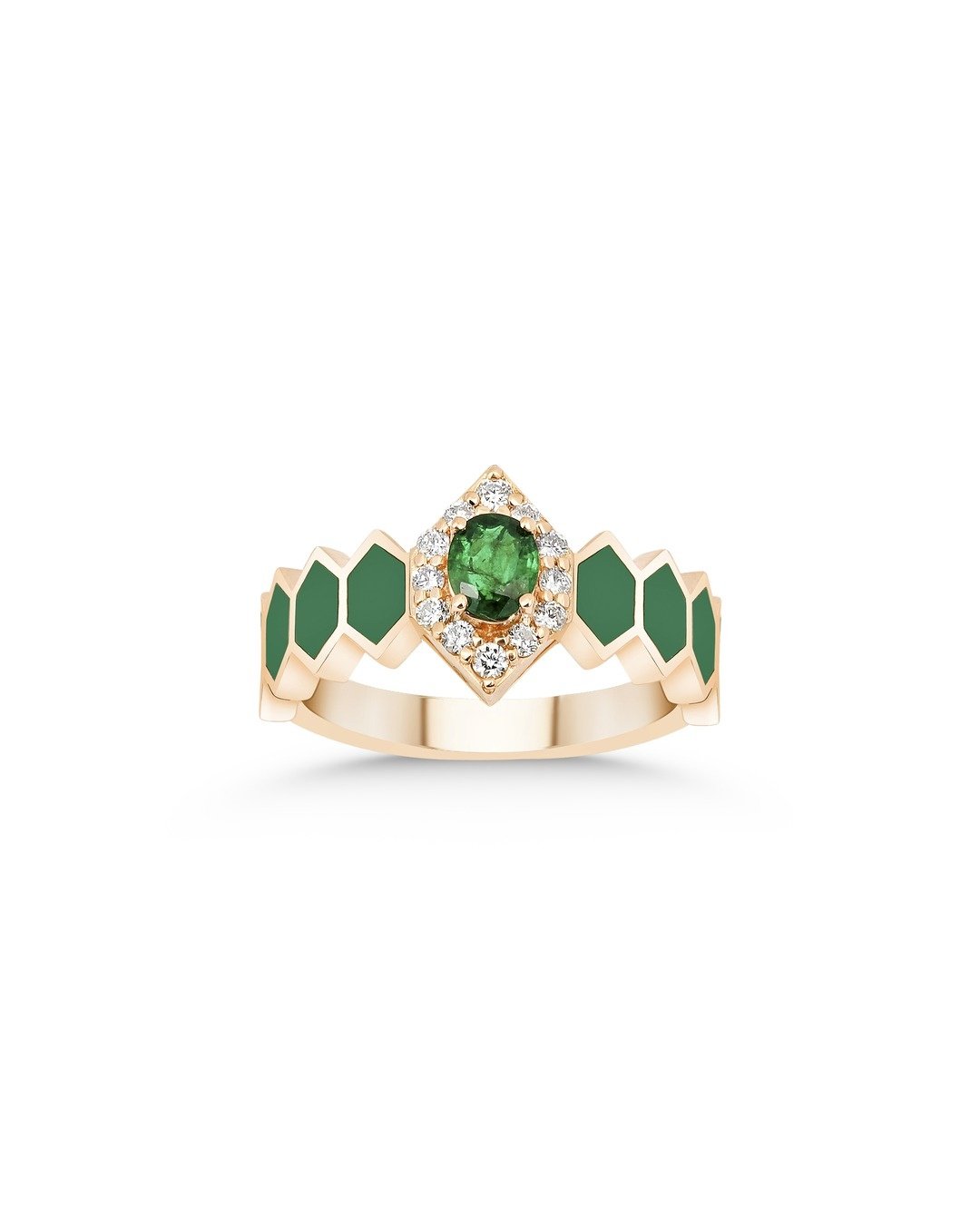 Oval Kesim Yeşil Taşlı ve Yuvarlak Kesim Pırlantalı Yeşil Mineli Altıgen Desenli Yüzük – 14 Ayar Rose Altın Oval Kesim Yeşil Taşlı ve Yuvarlak Kesim Pırlantalı Yeşil Mineli Altıgen Desenli Yüzük – 14 Ayar Rose Altın