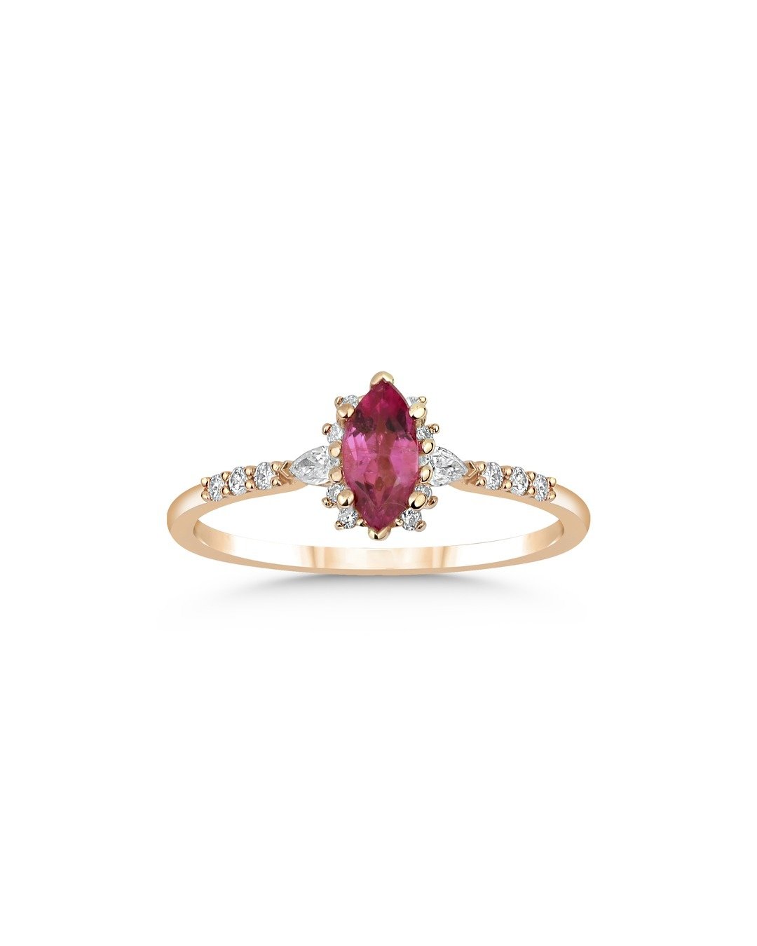 Marki Kesim Pembe Kırmızı Taşlı ve Armut Kesim Pırlanta Halo Desenli Yüzük – 14 Ayar Rose Altın Marki Kesim Pembe Kırmızı Taşlı ve Armut Kesim Pırlanta Halo Desenli Yüzük – 14 Ayar Rose Altın